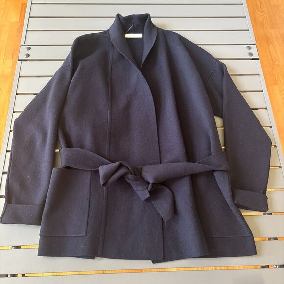 HUGO BOSS Coat Womens Medium Black Ribbed Long Sleeve Tie Waisted Open Front - Picture 2 of 10